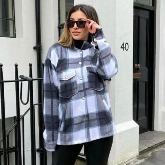 Black Plaid Check Long Sleeve Loose Fit Shacket Shirt Jacket - Picture 4 of 8